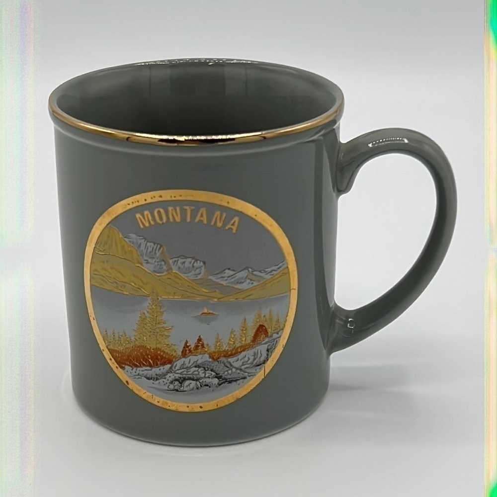 MONTANA GRAY COFFEE MUG WITH GOLD COLORED TRIM